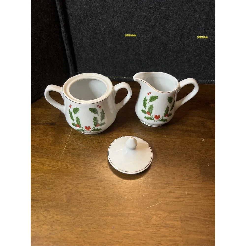 Vtg Holly on White‎ Creamer + Sugar Bowl Lid Christmas Holiday China Winter